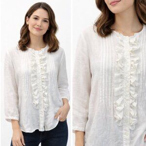 Anne Carson White Linen Ruffle Button Down Blouse Size Large